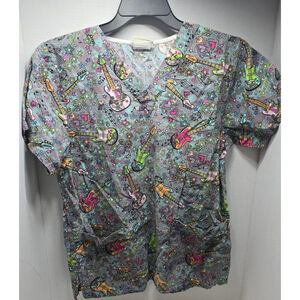 Women's Tafford Gray Multicolor Guitar Print Short Sleeve Scrub Top XL